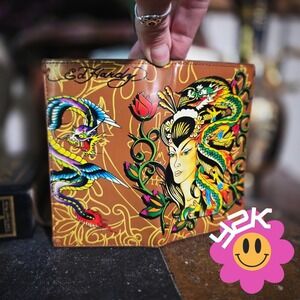 Y2K Ed Hardy Wallet Christian Audigier Vintage Geisha Dragon Leather Long Bifold